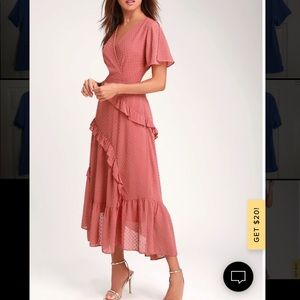 lulus next to you rusty rose swiss dot ruffle midi dress NWT